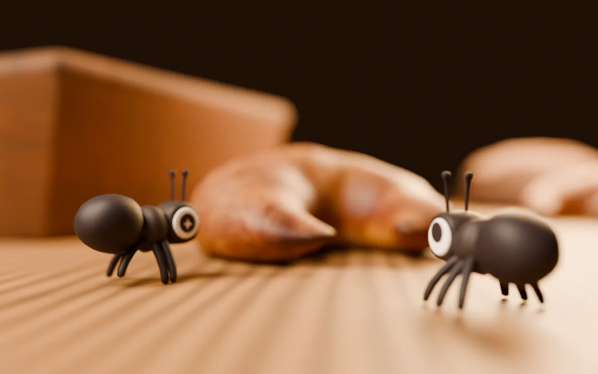 Two ants sneaking past a croissant on the bakery counter