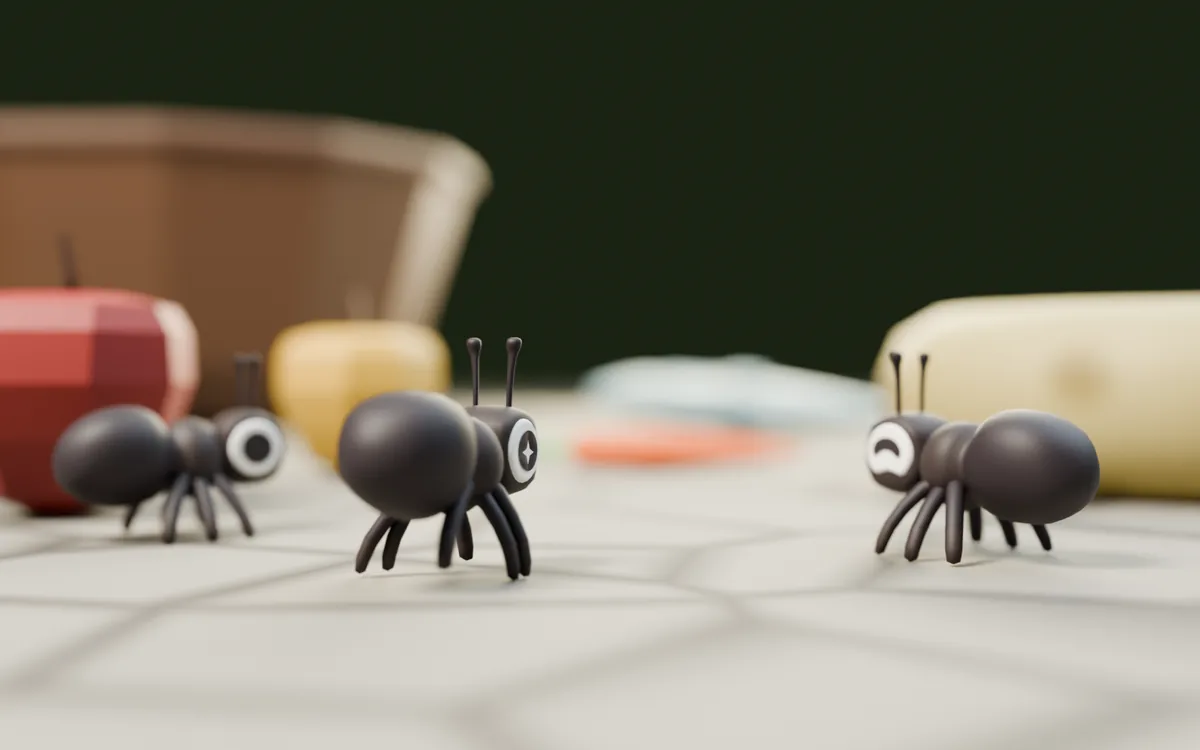 Ants crossing the market cobbles between apples and cheese