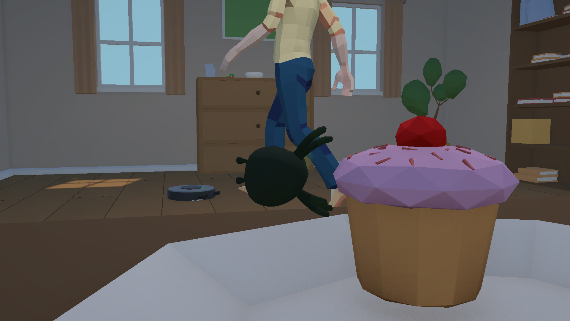 A worker ant next to a cupcake on the kitchen table, the resident walking in behind