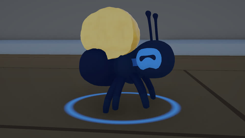 An ant carrying the golden crumb through the house