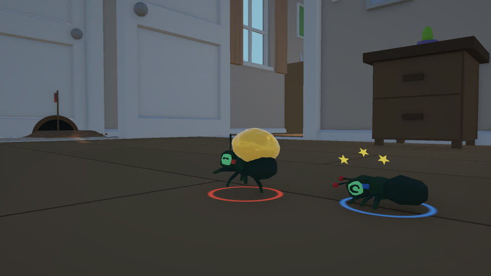 Two ants in a fight on the house floor, one seeing stars