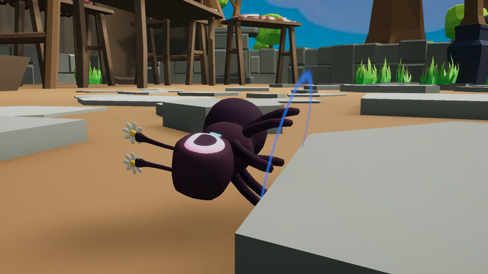 A purple ant with stars over its head on the market ground