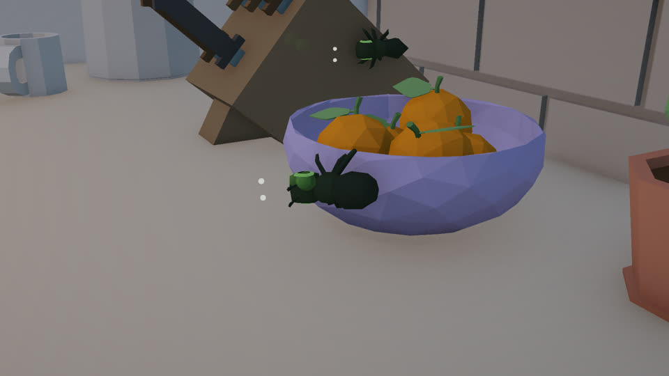A green ant on the rim of a bowl of oranges