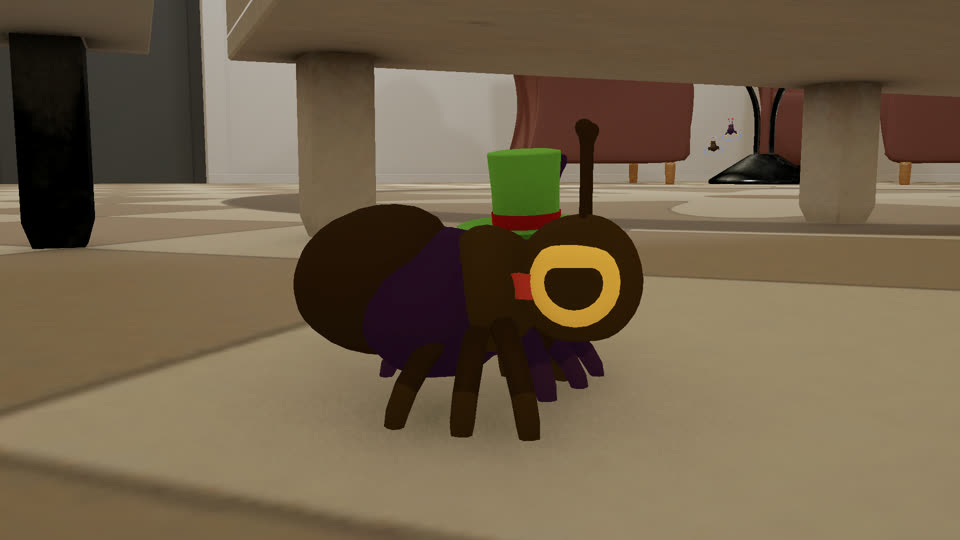 An ant in a green top hat under the bakery table