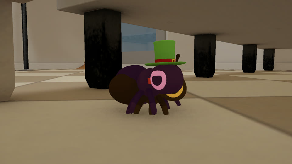 An ant in a green top hat under the table