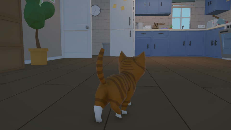 The kitchen with the cat in it, seen from the floor