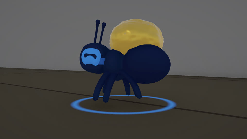 A blue ant carrying the golden crumb, a blue ring under it