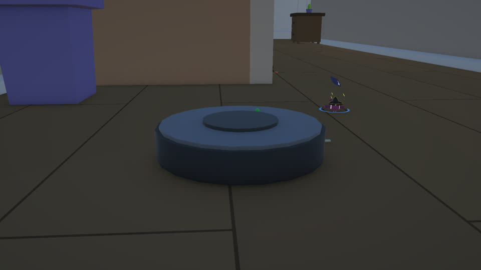 The robot vacuum on the wooden floor, an ant behind it