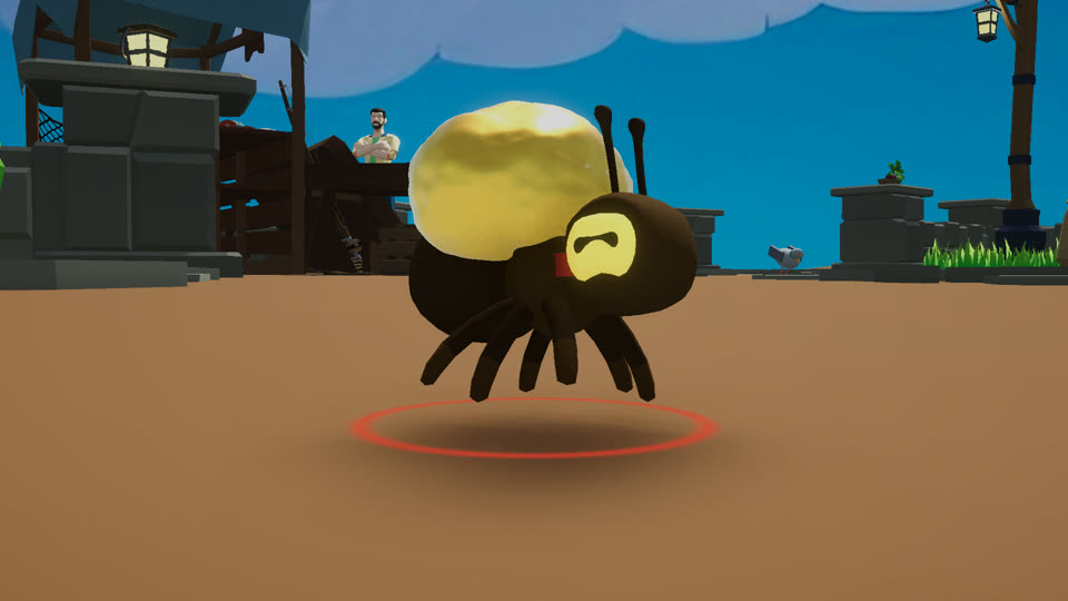 An ant with the golden crumb on its back, a red ring under it