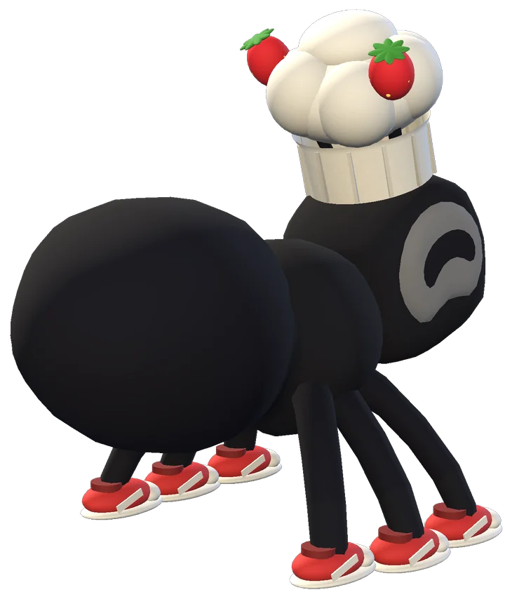 The classic dark ant in a chef hat, strawberries on its antennae and red sneakers