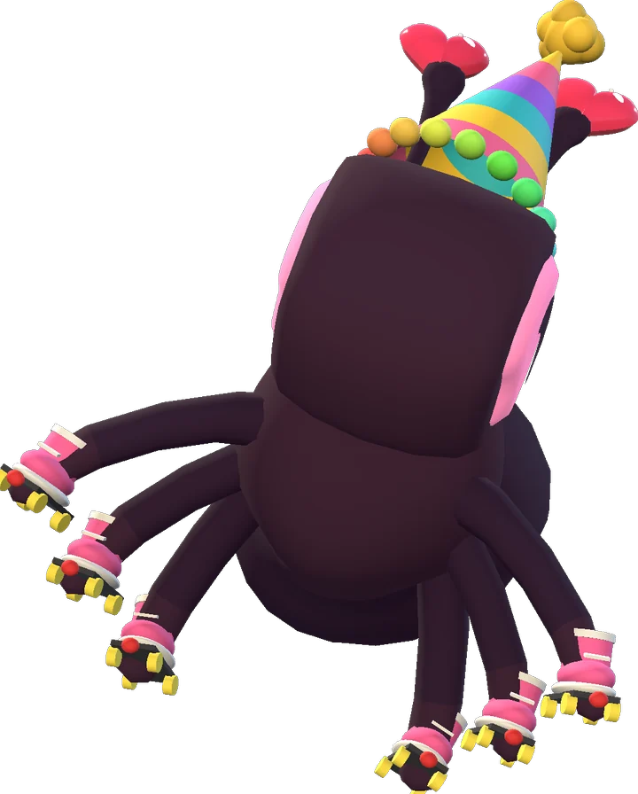 A rose pink ant up on its back legs in a party hat, hearts on its antennae and roller skates