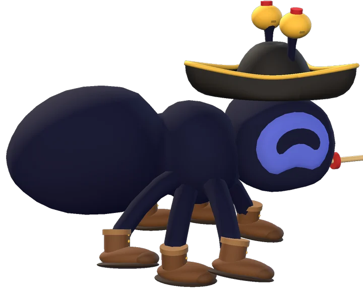 A midnight blue ant in a pirate hat with jingle bells, work boots and a toothpick lance