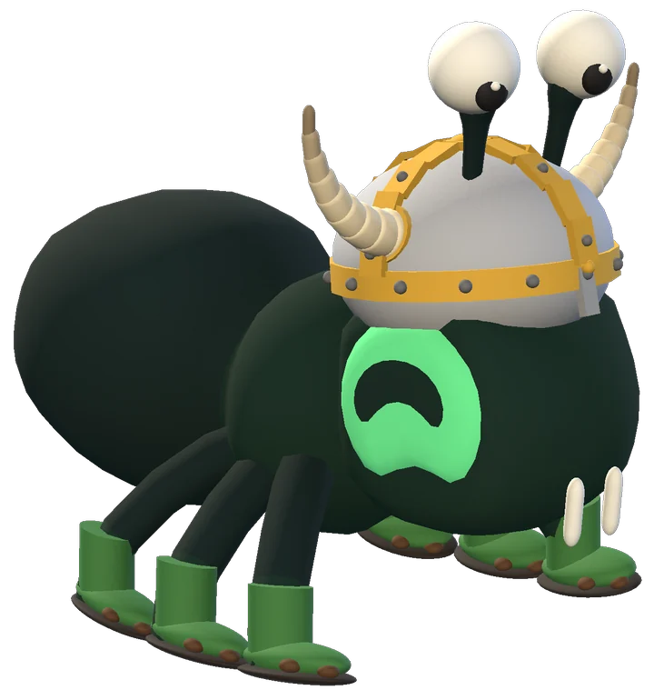 A jade green ant in a viking helmet with googly eyes on its antennae, fangs and mud boots