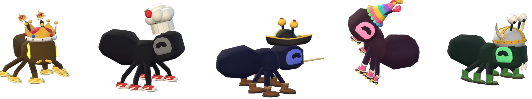 Five ants from the game in different outfits: a golden ant in a royal crown, a chef, a pirate with a toothpick lance, a pink ant in a party hat on roller skates, and a green viking with googly eyes